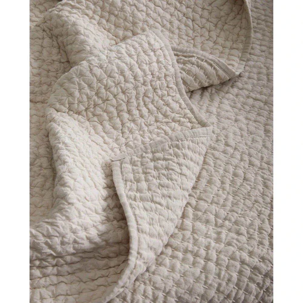 NWT QUINCE EUROPEAN LINEN COTTON STITCH QUILT SET FULL / QUEEN IN NATURAL OOS